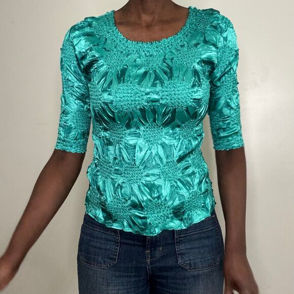 VINTAGE | Y2K Plisse Pleated 3/4 Sleeve Turquoise Blue Blouse Top Size Small - Picture 1 of 4